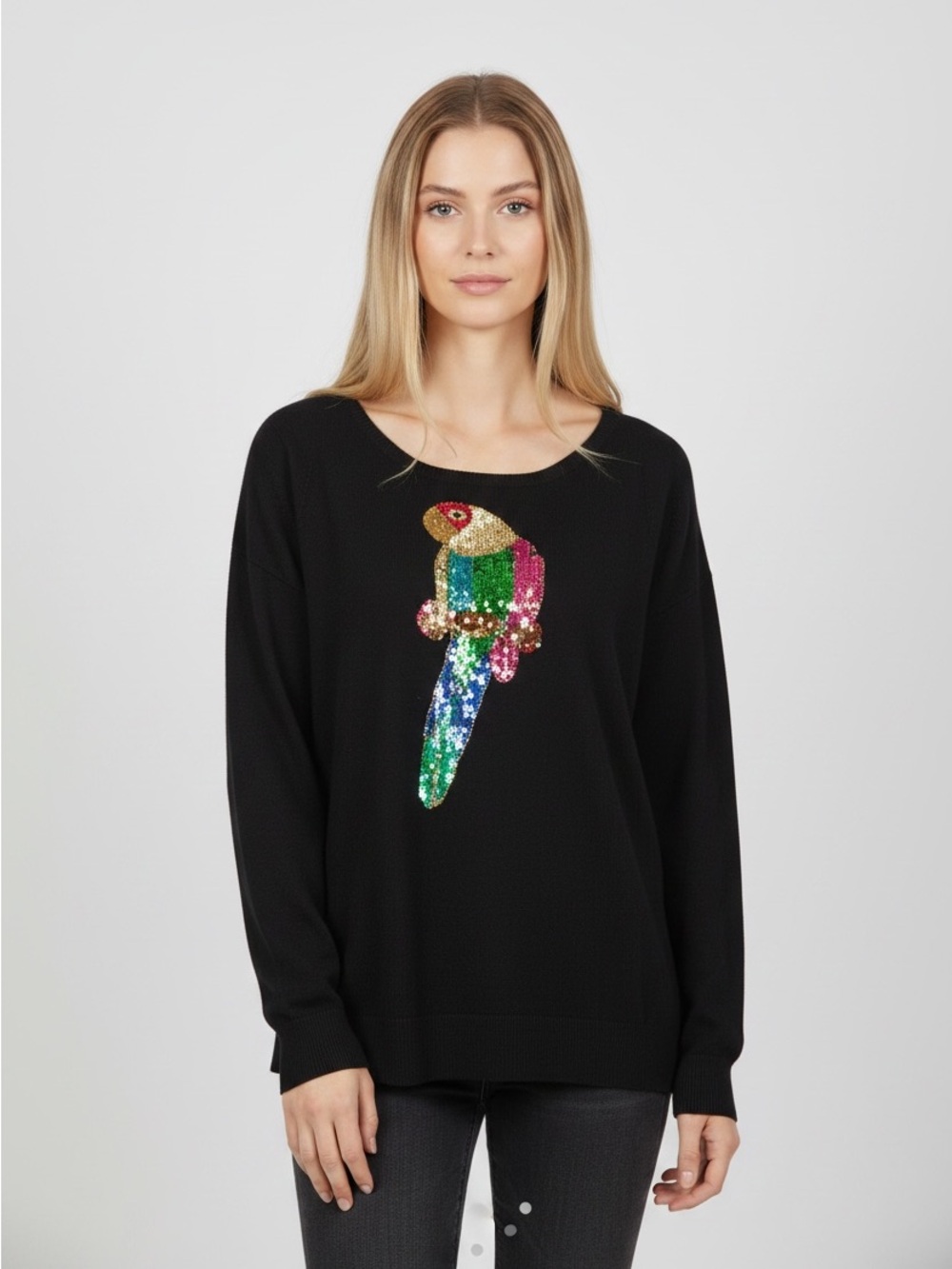 Sweaterworks Vintage Black Rayon Knit Sequin Multicolor Parrot Sweater XL